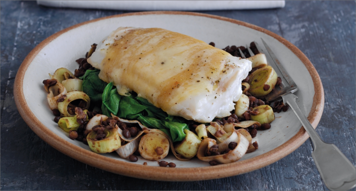 Kerrymaid's Welsh Rarebit topped Cod Fillet with Braised Leeks